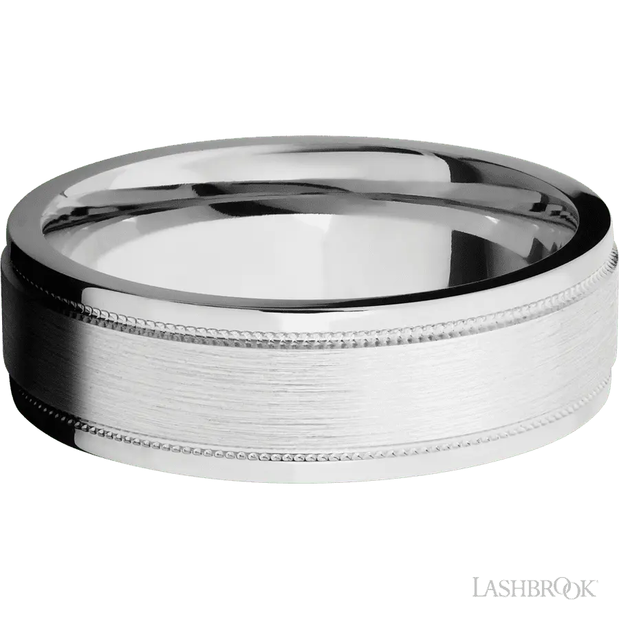 7 mm wide Flat Stepped Edges Milgrain 14K White Gold band.