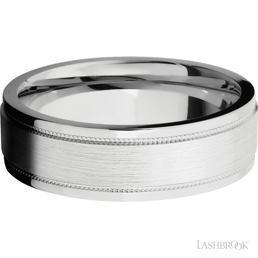 7 mm wide Flat Stepped Edges Milgrain 14K White Gold band.