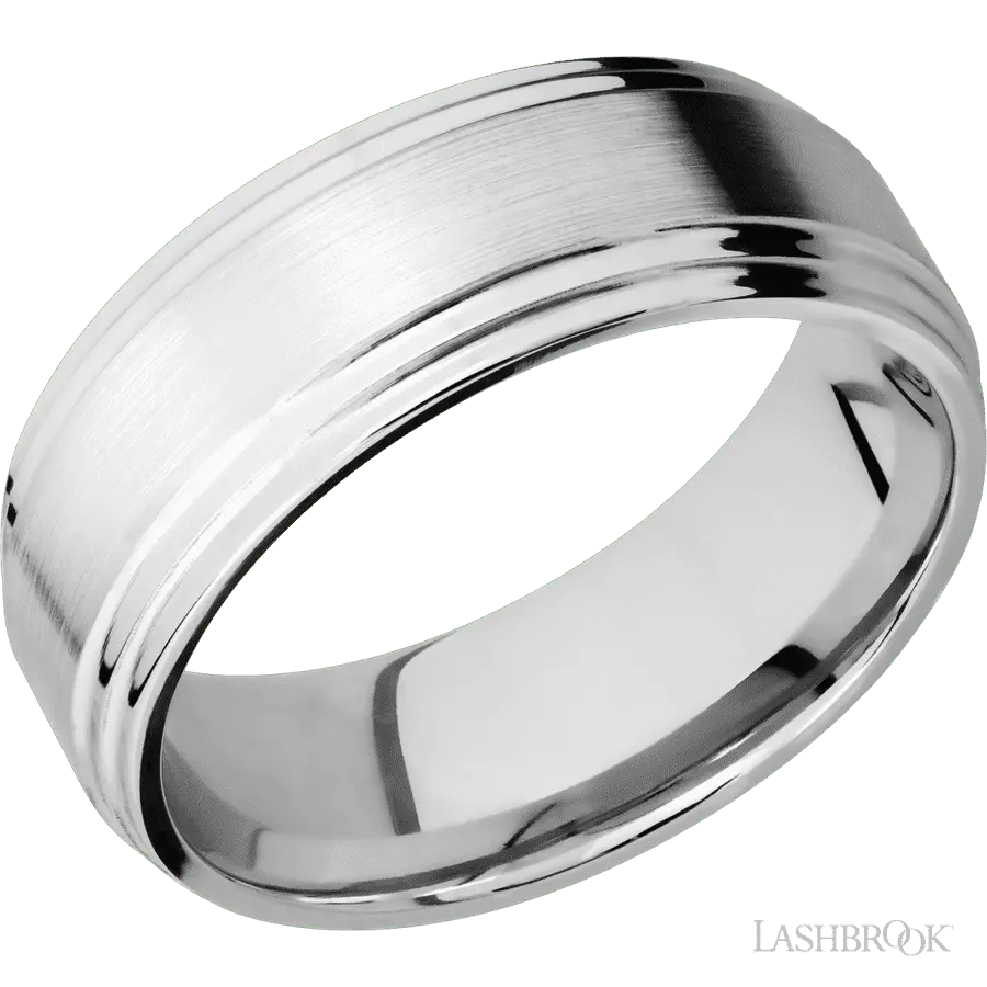 8 mm wide Flat Double Stepped Edges 14K White Gold band.