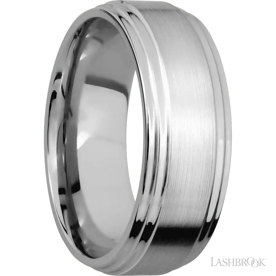 8 mm wide Flat Double Stepped Edges 14K White Gold band.