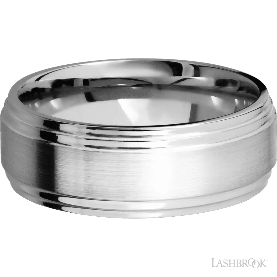 8 mm wide Flat Double Stepped Edges 14K White Gold band.