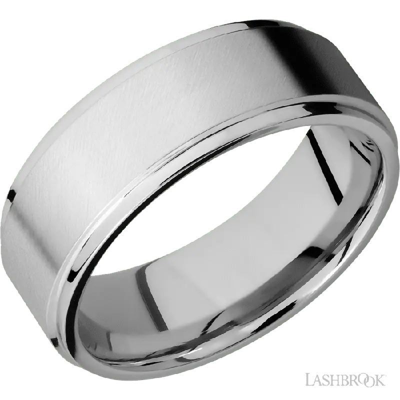 8 mm wide Flat Grooved Edges 14K White Gold band.