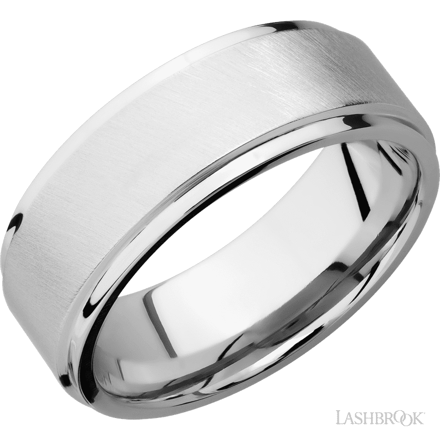 8 mm wide Flat Grooved Edges 14K White Gold band.