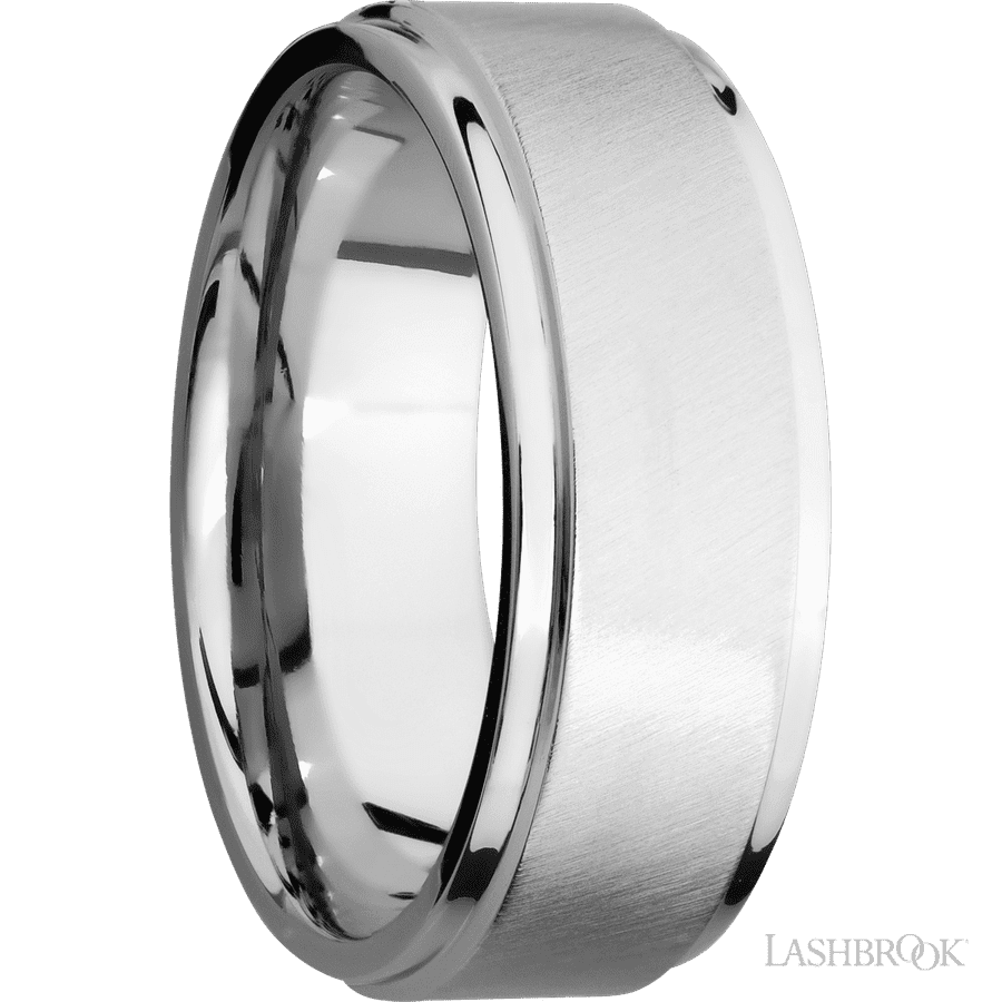 8 mm wide Flat Grooved Edges 14K White Gold band.