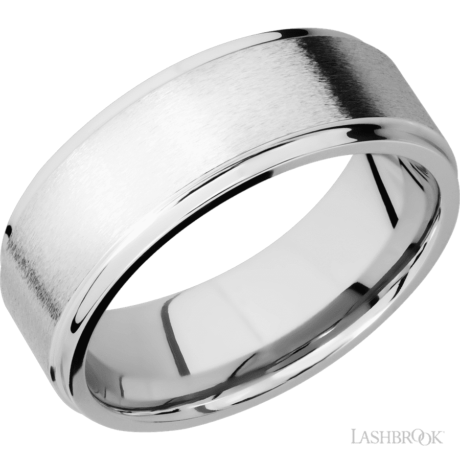 8 mm wide Flat Grooved Edges 14K White Gold band.