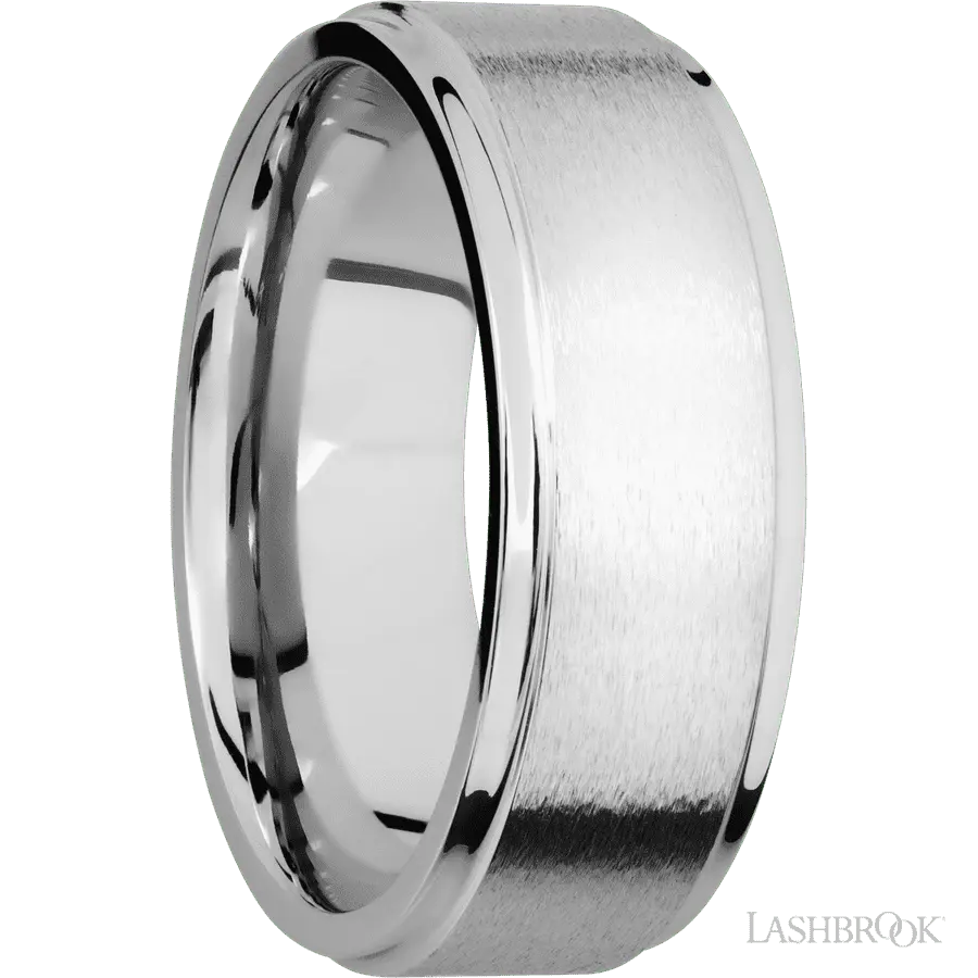 8 mm wide Flat Grooved Edges 14K White Gold band.