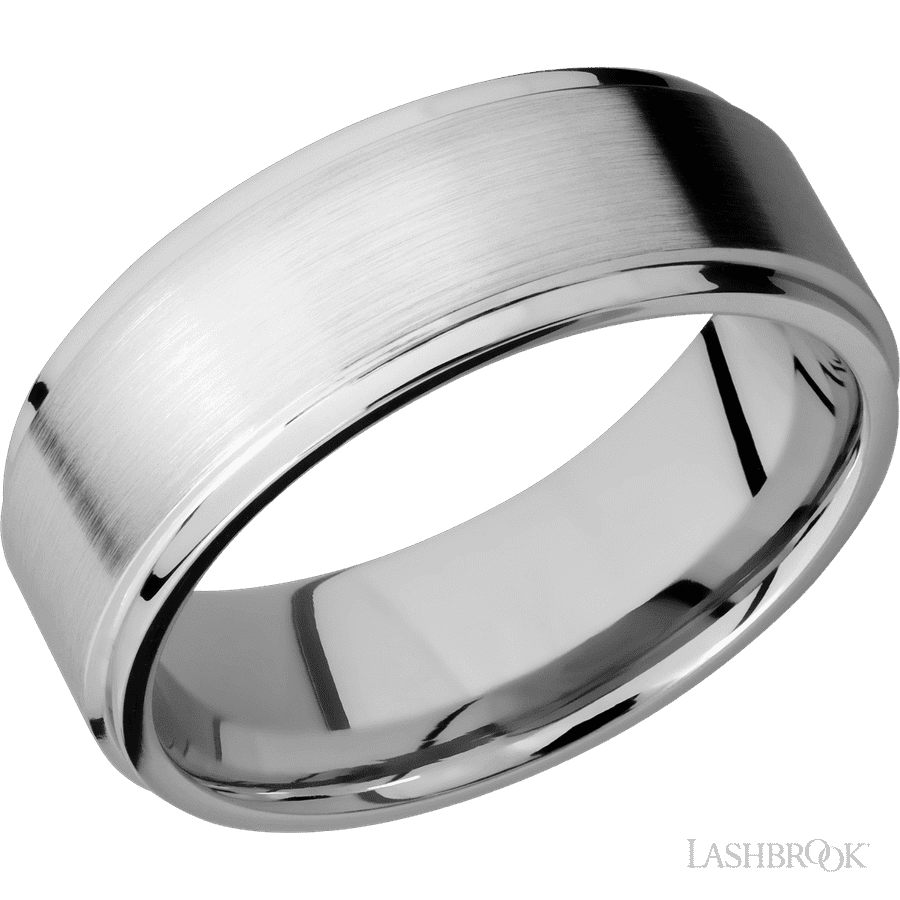 8 mm wide Flat Grooved Edges 14K White Gold band.