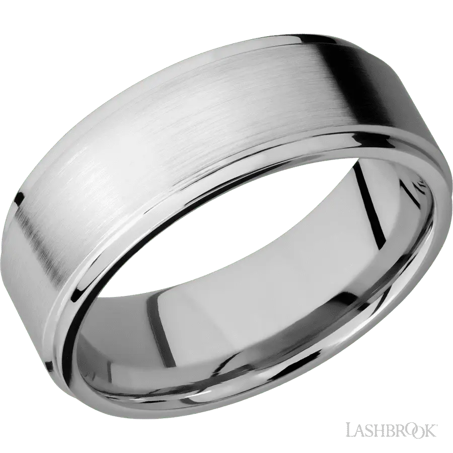 8 mm wide Flat Grooved Edges 14K White Gold band.