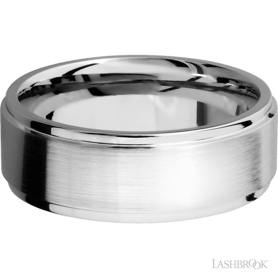 8 mm wide Flat Grooved Edges 14K White Gold band.