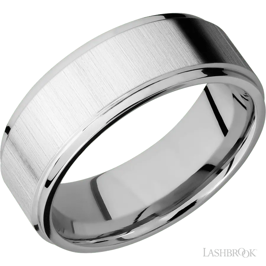 8 mm wide Flat Grooved Edges 14K White Gold band.