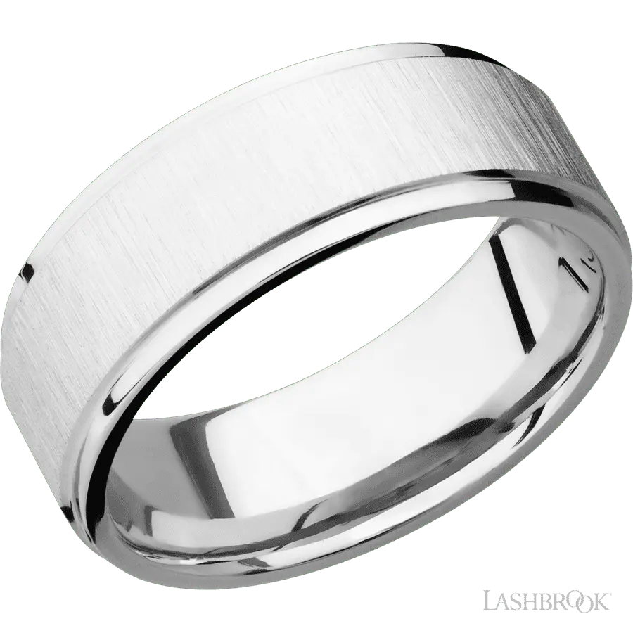 8 mm wide Flat Grooved Edges 14K White Gold band.