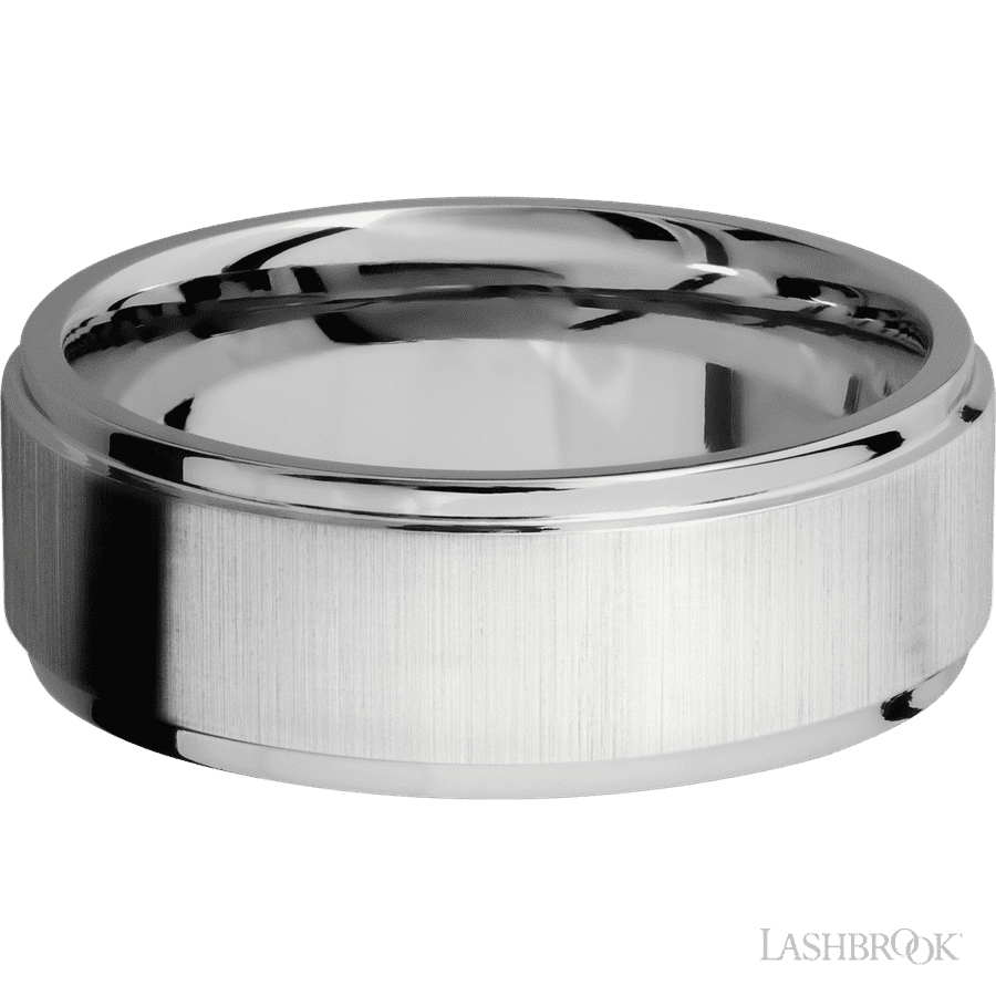 8 mm wide Flat Grooved Edges 14K White Gold band.