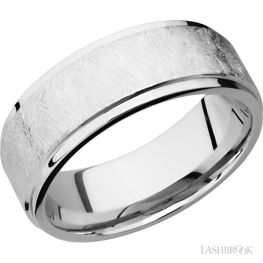 8 mm wide Flat Grooved Edges 14K White Gold band.