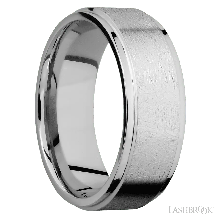 8 mm wide Flat Grooved Edges 14K White Gold band.