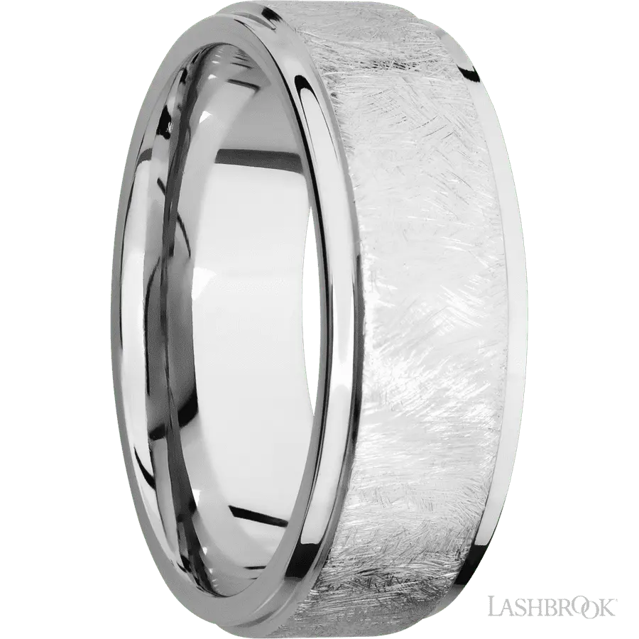 8 mm wide Flat Grooved Edges 14K White Gold band. Lashbrook