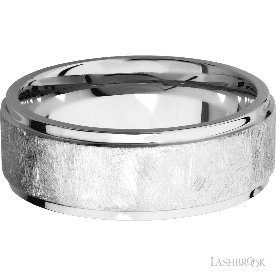 8 mm wide Flat Grooved Edges 14K White Gold band.