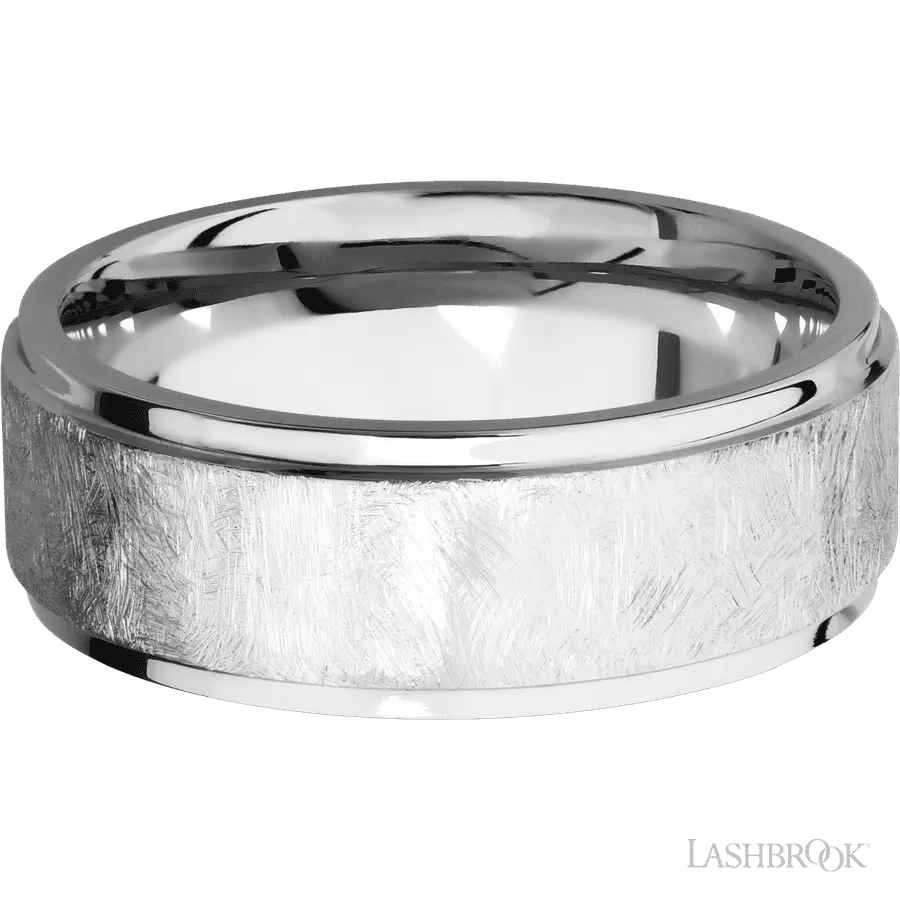 8 mm wide Flat Grooved Edges 14K White Gold band. Lashbrook
