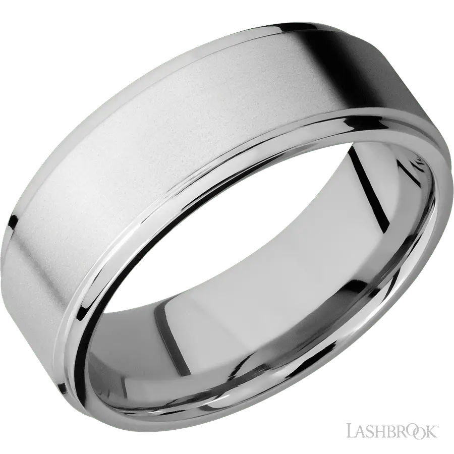8 mm wide Flat Grooved Edges 14K White Gold band.