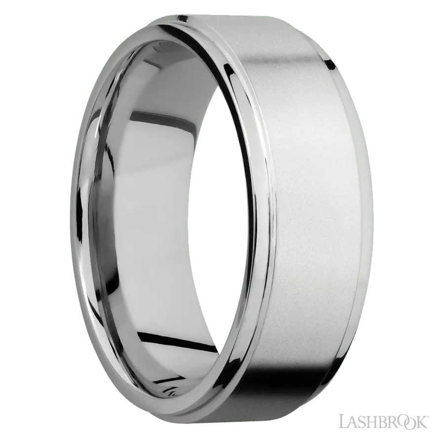 8 mm wide Flat Grooved Edges 14K White Gold band.