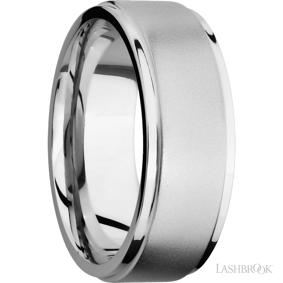 8 mm wide Flat Grooved Edges 14K White Gold band.