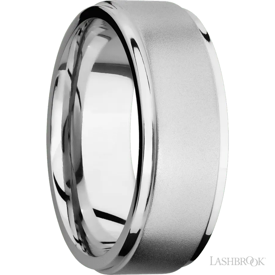 8 mm wide Flat Grooved Edges 14K White Gold band. Lashbrook