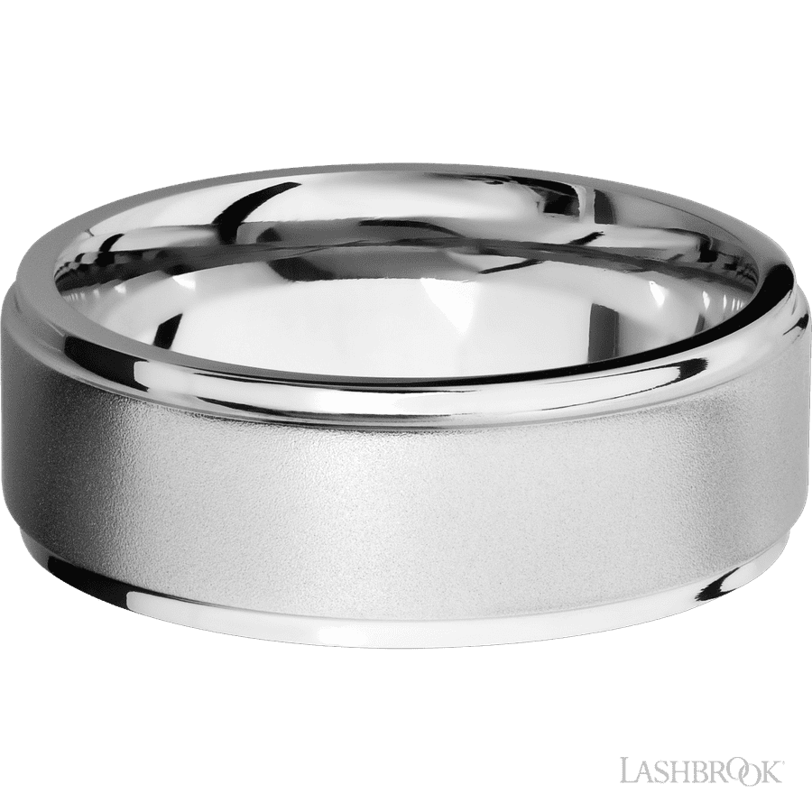 8 mm wide Flat Grooved Edges 14K White Gold band.