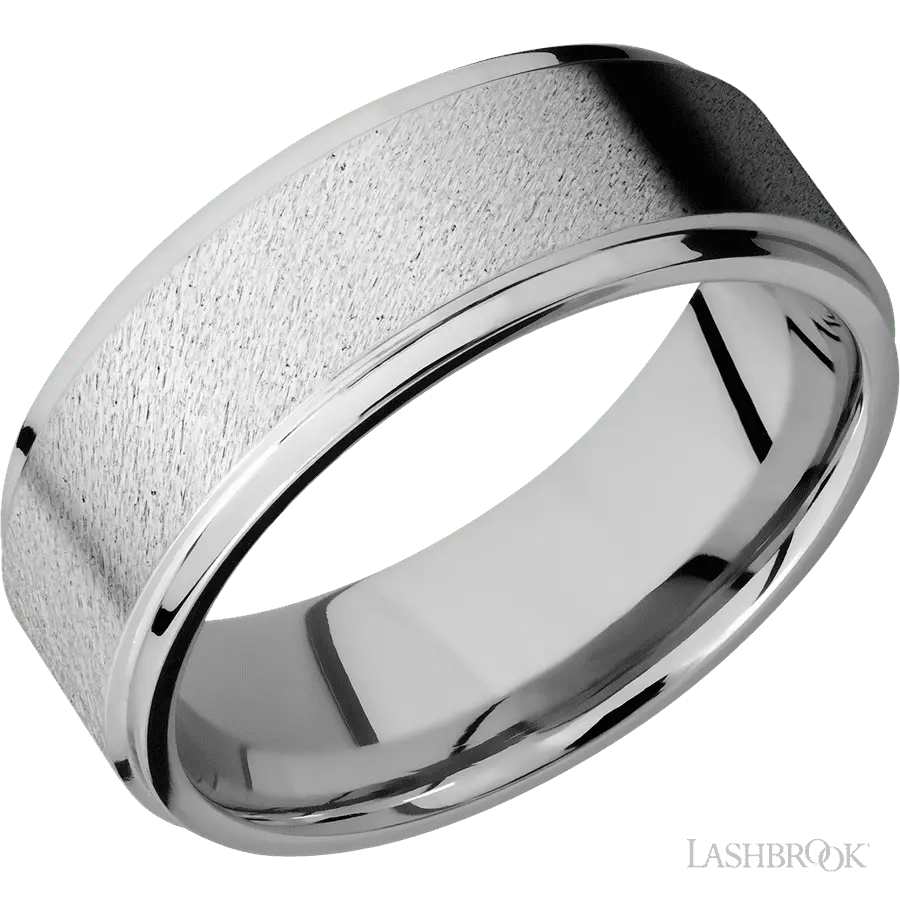 8 mm wide Flat Grooved Edges 14K White Gold band.