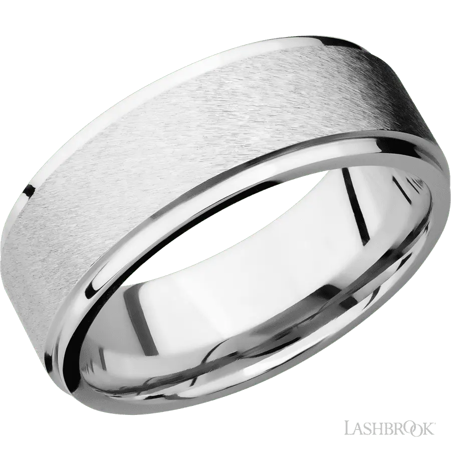 8 mm wide Flat Grooved Edges 14K White Gold band.