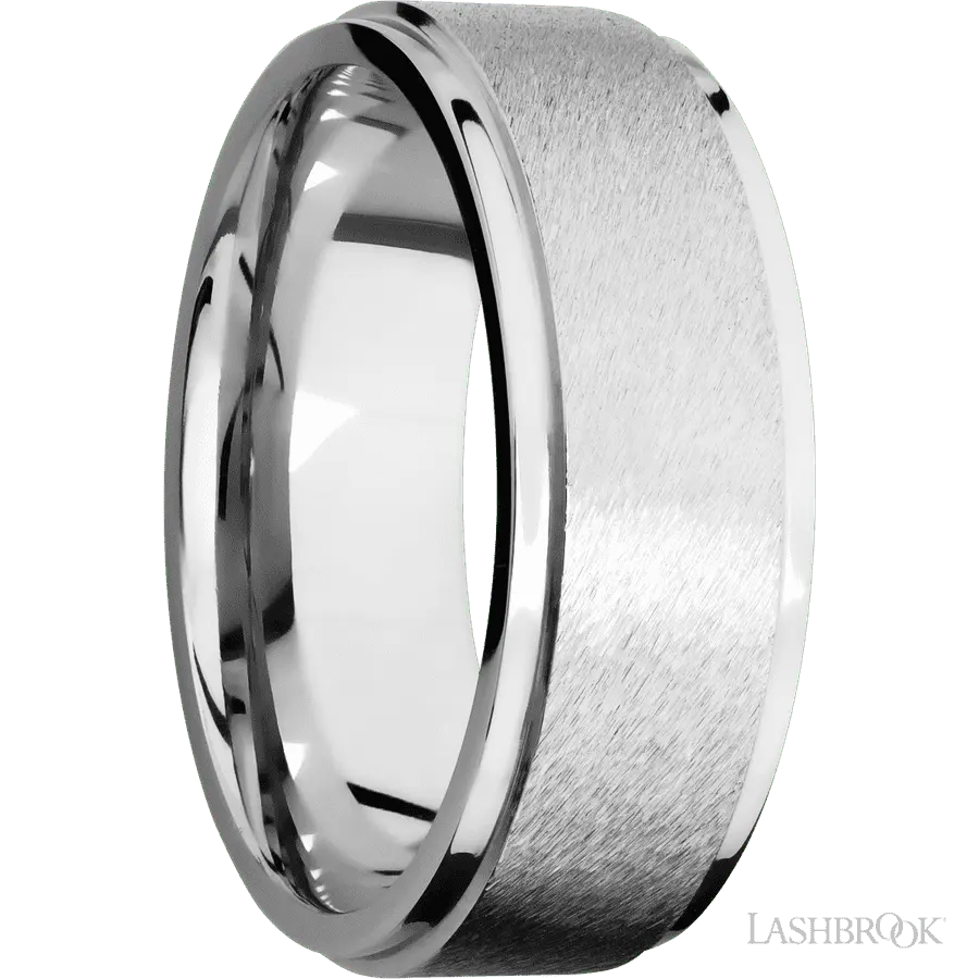 8 mm wide Flat Grooved Edges 14K White Gold band. Lashbrook