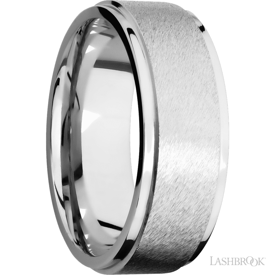 8 mm wide Flat Grooved Edges 14K White Gold band.