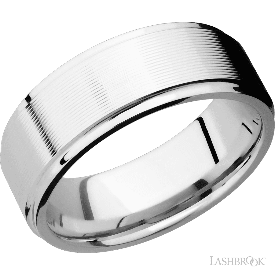 8 mm wide Flat Grooved Edges 14K White Gold band.