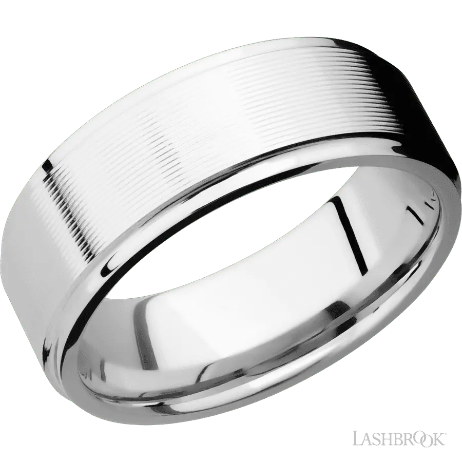 8 mm wide Flat Grooved Edges 14K White Gold band. Lashbrook