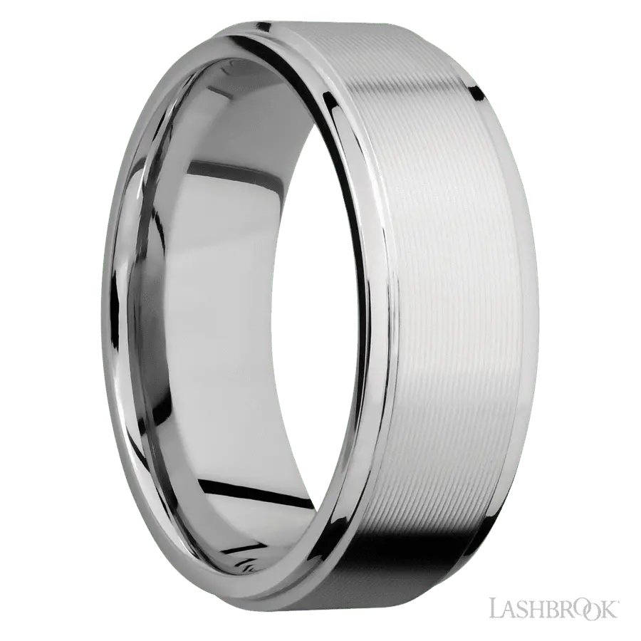 8 mm wide Flat Grooved Edges 14K White Gold band.