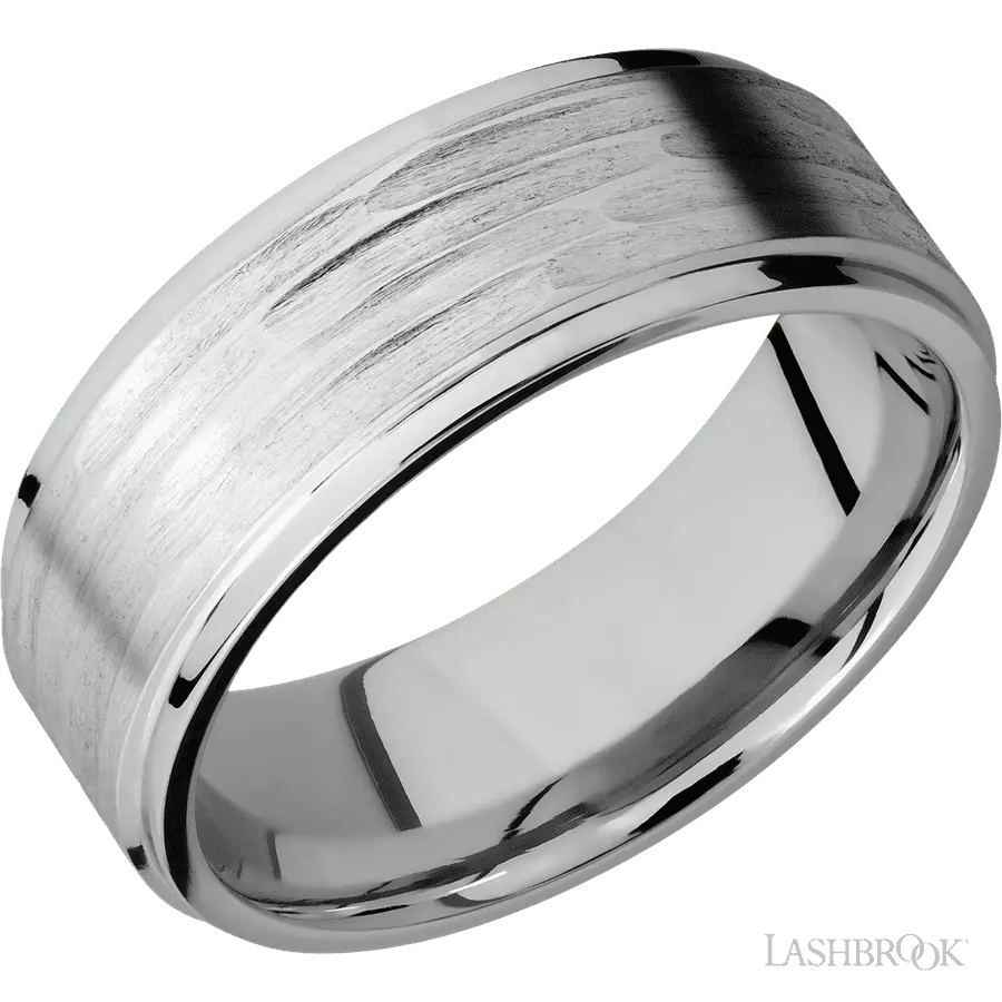 8 mm wide Flat Grooved Edges 14K White Gold band.