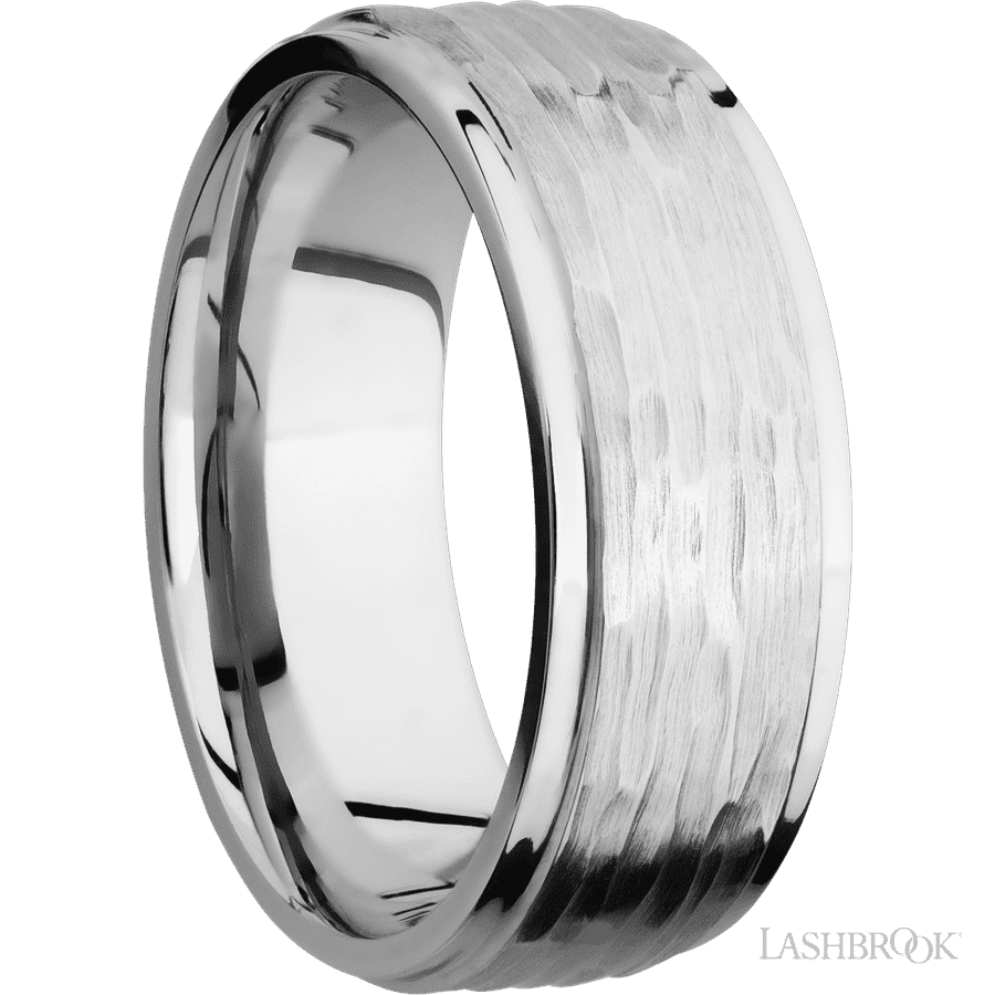 8 mm wide Flat Grooved Edges 14K White Gold band.