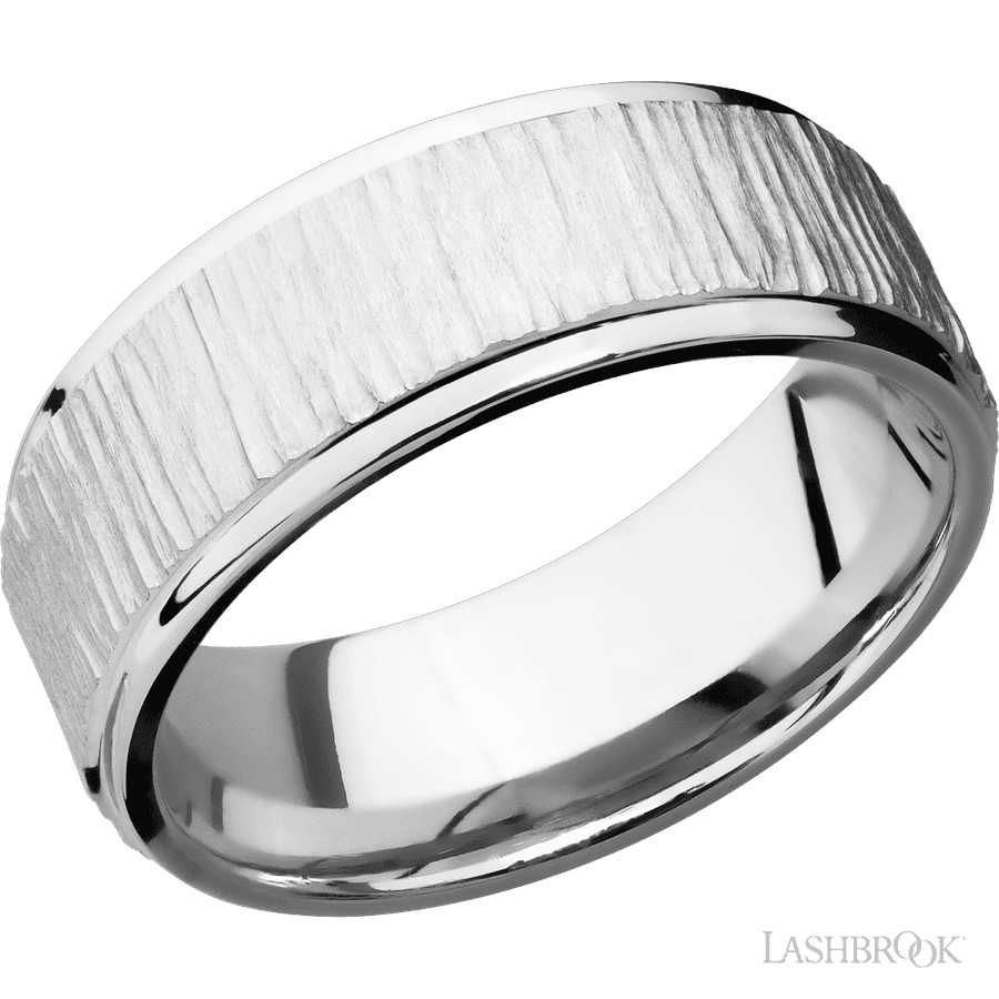8 mm wide Flat Grooved Edges 14K White Gold band.