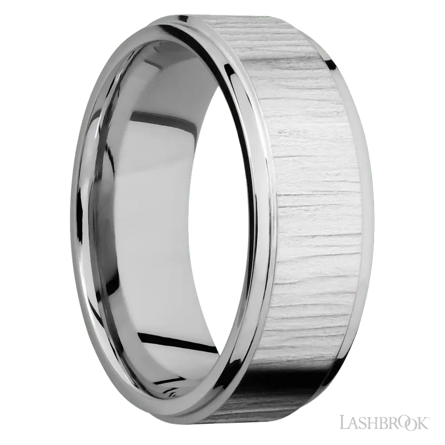 8 mm wide Flat Grooved Edges 14K White Gold band.