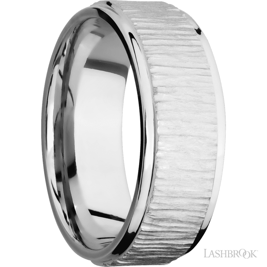 8 mm wide Flat Grooved Edges 14K White Gold band.