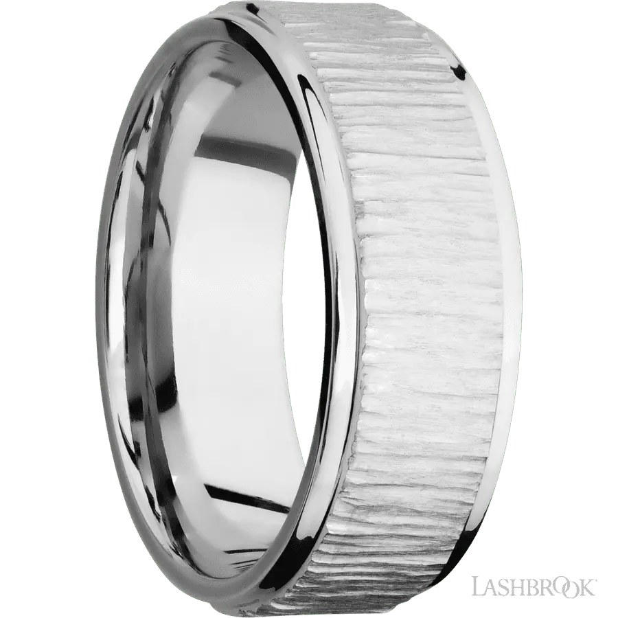 8 mm wide Flat Grooved Edges 14K White Gold band. Lashbrook