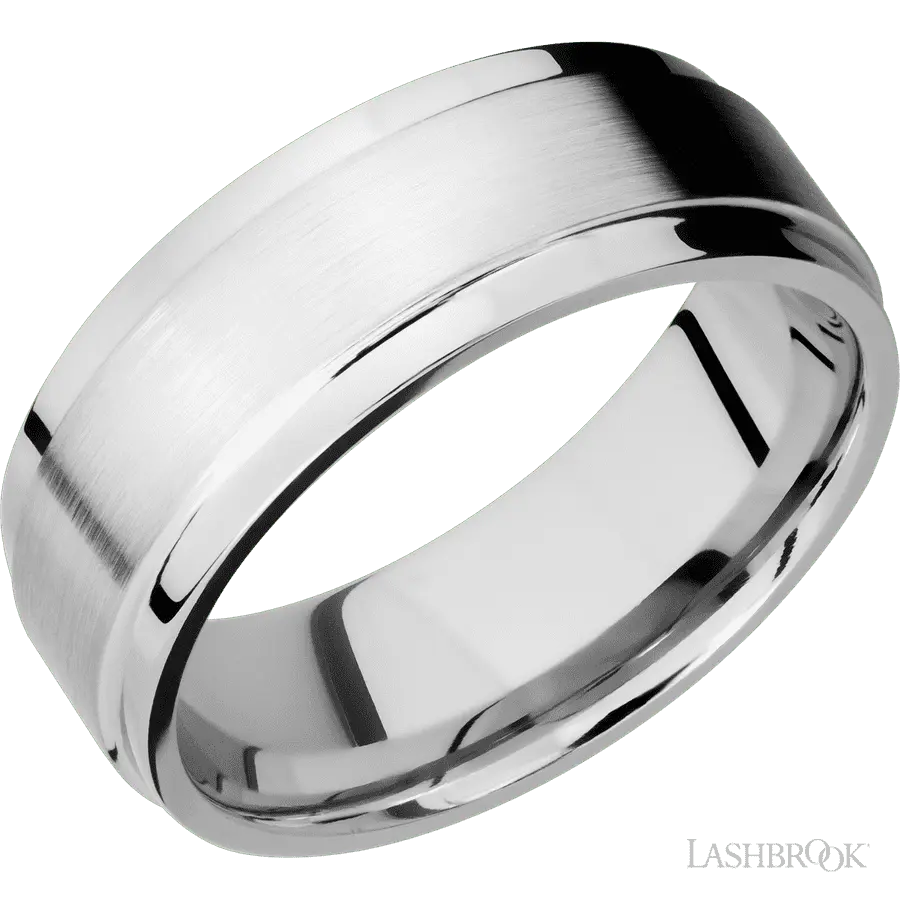 8 mm wide Flat Wide Grooved Edges 14K White Gold band. Lashbrook