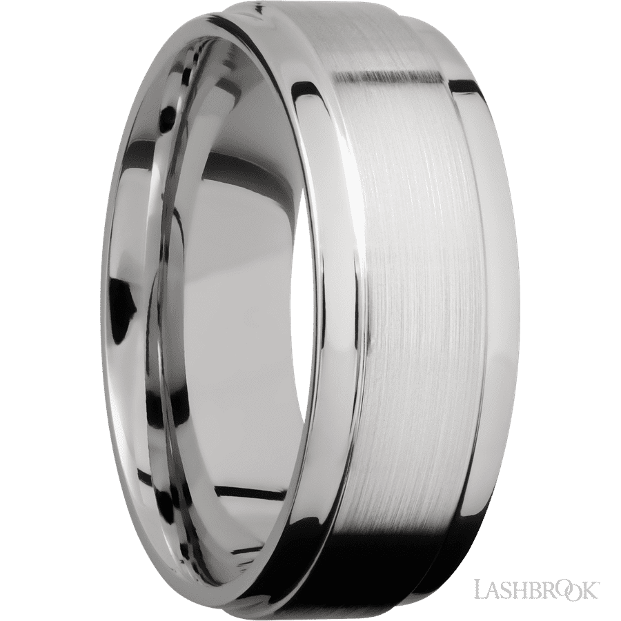 8 mm wide Flat Wide Grooved Edges 14K White Gold band.