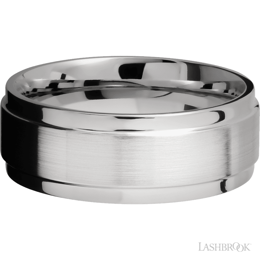 8 mm wide Flat Wide Grooved Edges 14K White Gold band.