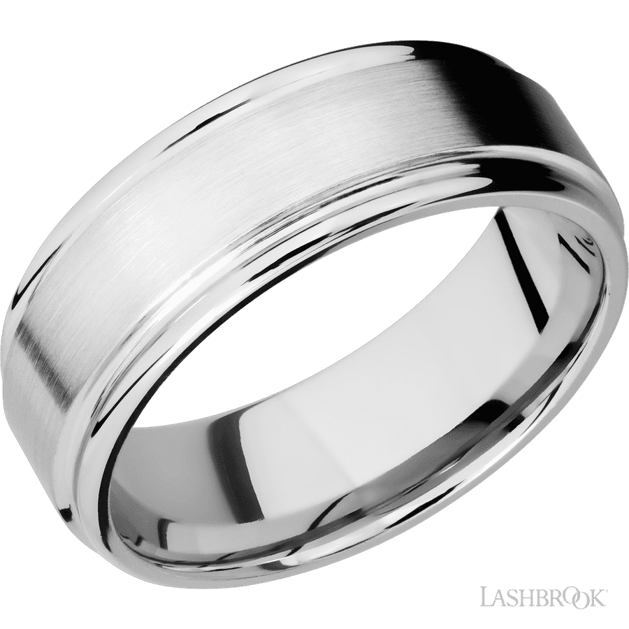 8 mm wide Flat Rounded Edges 14K White Gold band.