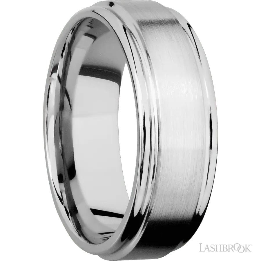 8 mm wide Flat Rounded Edges 14K White Gold band. Lashbrook