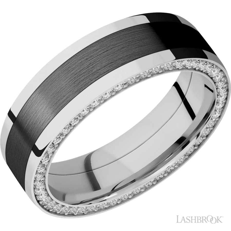 7 mm wide/Flat/14K White Gold band with one 4 mm Centered inlay of Zirconium and featuring a Side Eternity arrangement of .01 carat Round Diamond stones in a Bead Channel setting