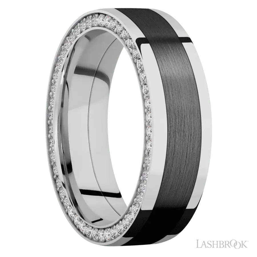 7 mm wide/Flat/14K White Gold band with one 4 mm Centered inlay of Zirconium and featuring a Side Eternity arrangement of .01 carat Round Diamond stones in a Bead Channel setting
