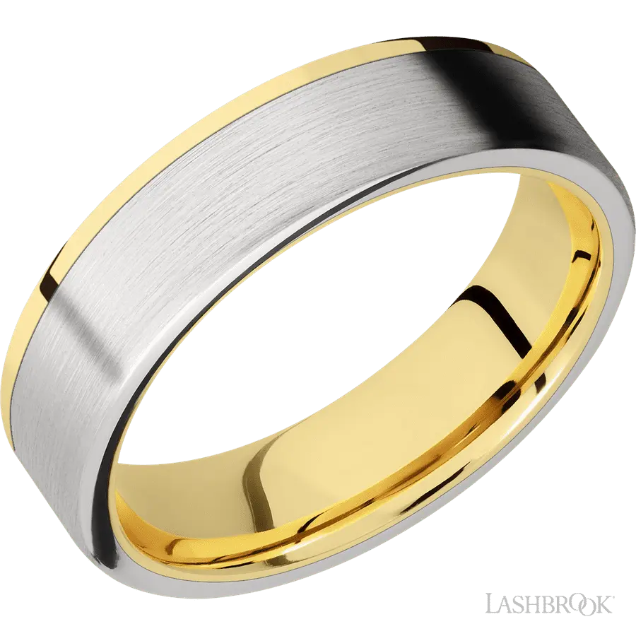 6 mm wide/Flat/14K Yellow Gold band with one 5 mm Off Center Edge inlay of Cobalt Chrome. Lashbrook
