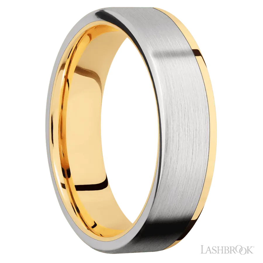 6 mm wide/Flat/14K Yellow Gold band with one 5 mm Off Center Edge inlay of Cobalt Chrome.