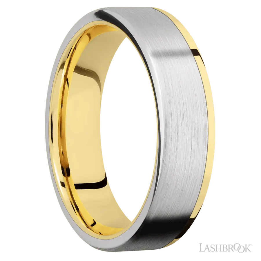 6 mm wide/Flat/14K Yellow Gold band with one 5 mm Off Center Edge inlay of Cobalt Chrome. Lashbrook