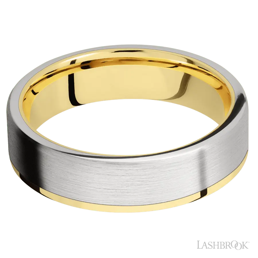 6 mm wide/Flat/14K Yellow Gold band with one 5 mm Off Center Edge inlay of Cobalt Chrome.